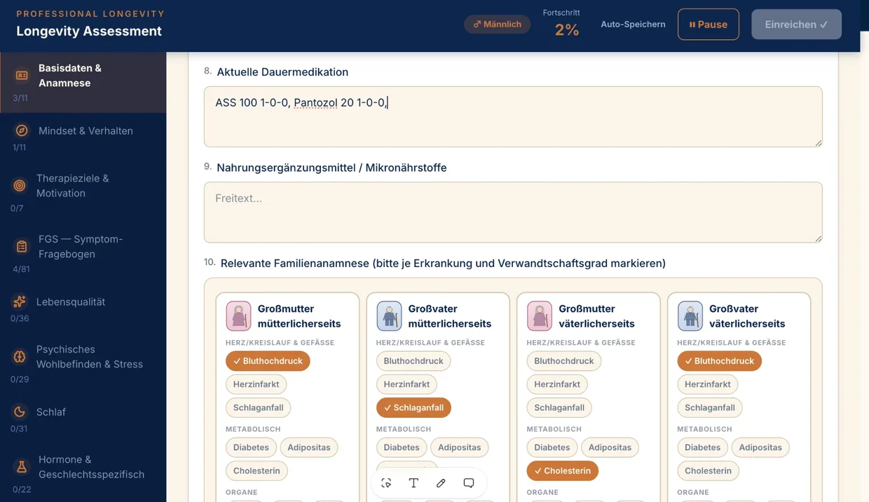 Kapitel Basisdaten und Anamnese mit Dauermedikation und Familienanamnese-Matrix