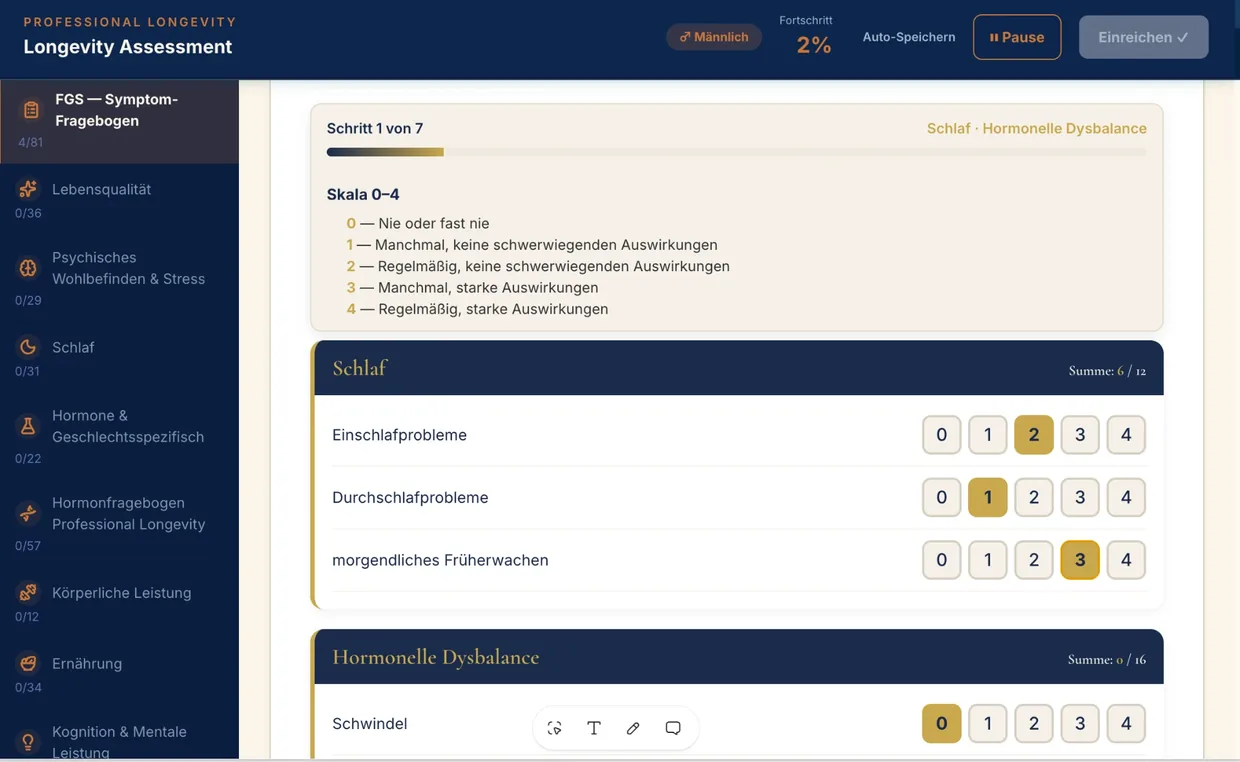 FGS-Symptomfragebogen mit Skala 0 bis 4 für Schlaf und hormonelle Dysbalance