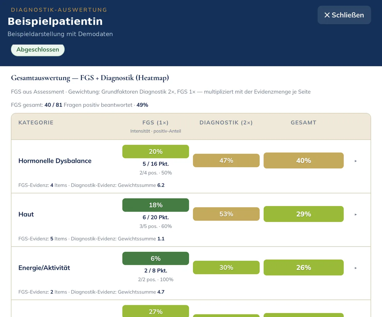 Gesamtauswertung als Heatmap aus FGS und Diagnostik, anonymisierte Beispielauswertung