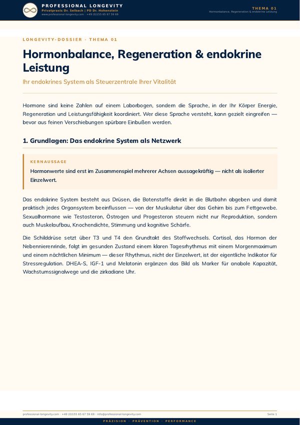 Titelseite des Longevity-Dossiers, Thema 01: Hormonbalance