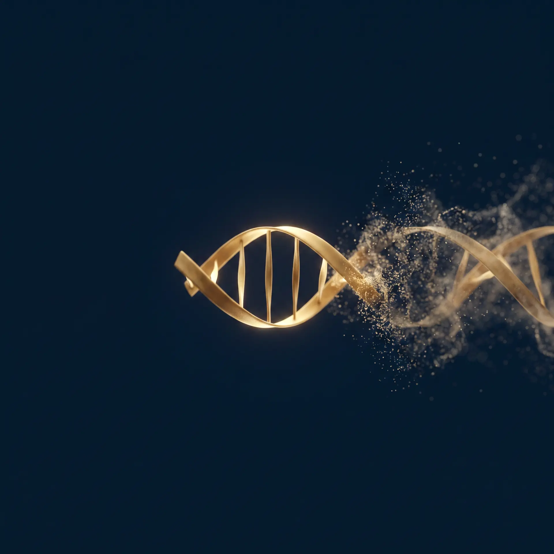 Stilisierte DNA-Doppelhelix in Gold, die sich nach rechts in Partikel auflöst