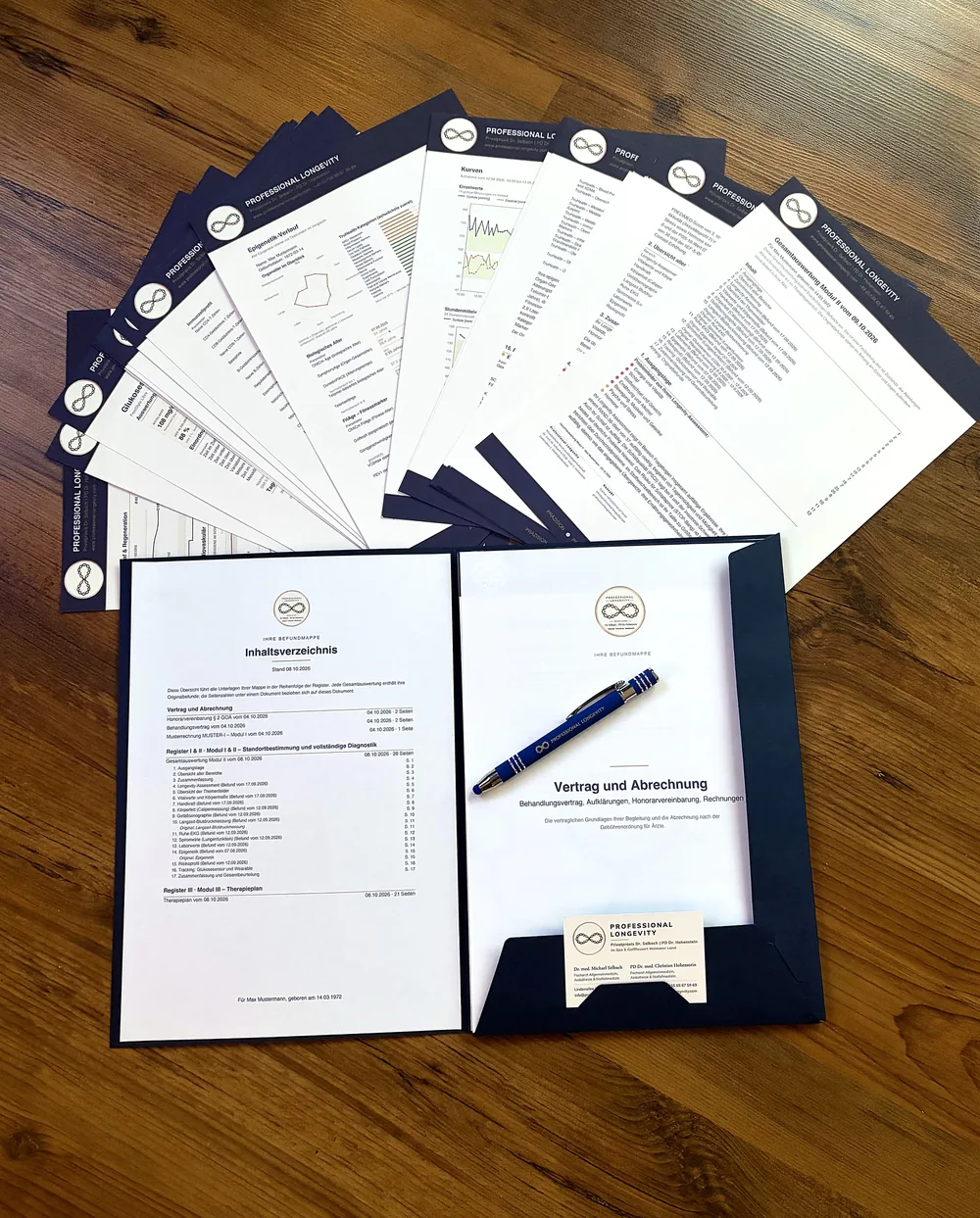 Die Befundmappe: Gesamtauswertung Modul II, Originalbefunde und Therapieplan Modul III, sortiert nach Registern — so erhalten Sie Ihre Unterlagen