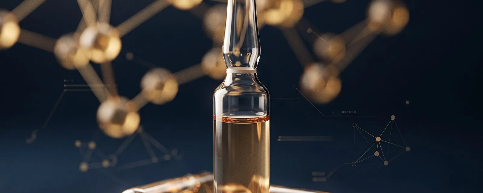 Glasampulle vor einem Molekülgitter