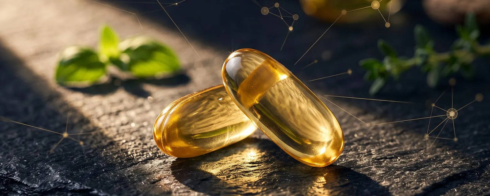 Zwei goldene Weichkapseln im Sonnenlicht auf dunklem Stein
